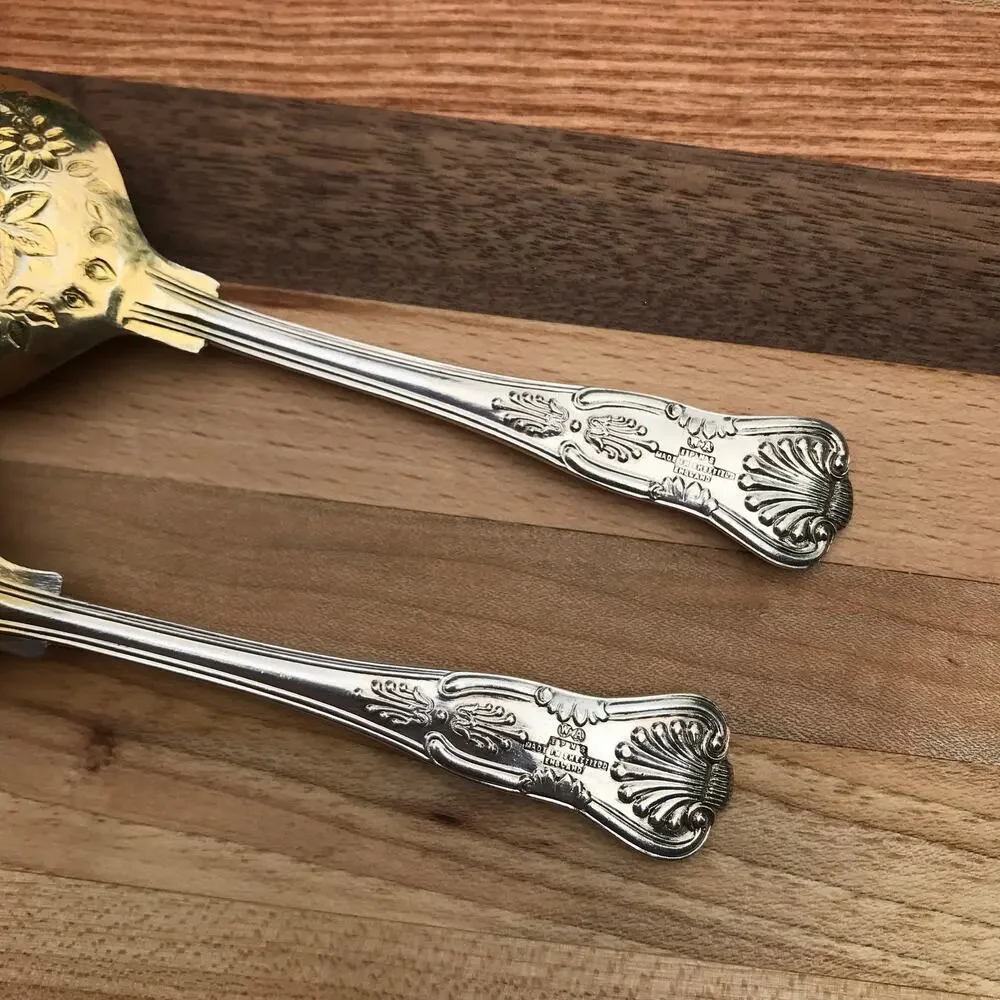 2 W. A. Sheffield KING Silverplate Gold Wash Jelly Spoons - fruit embossed
